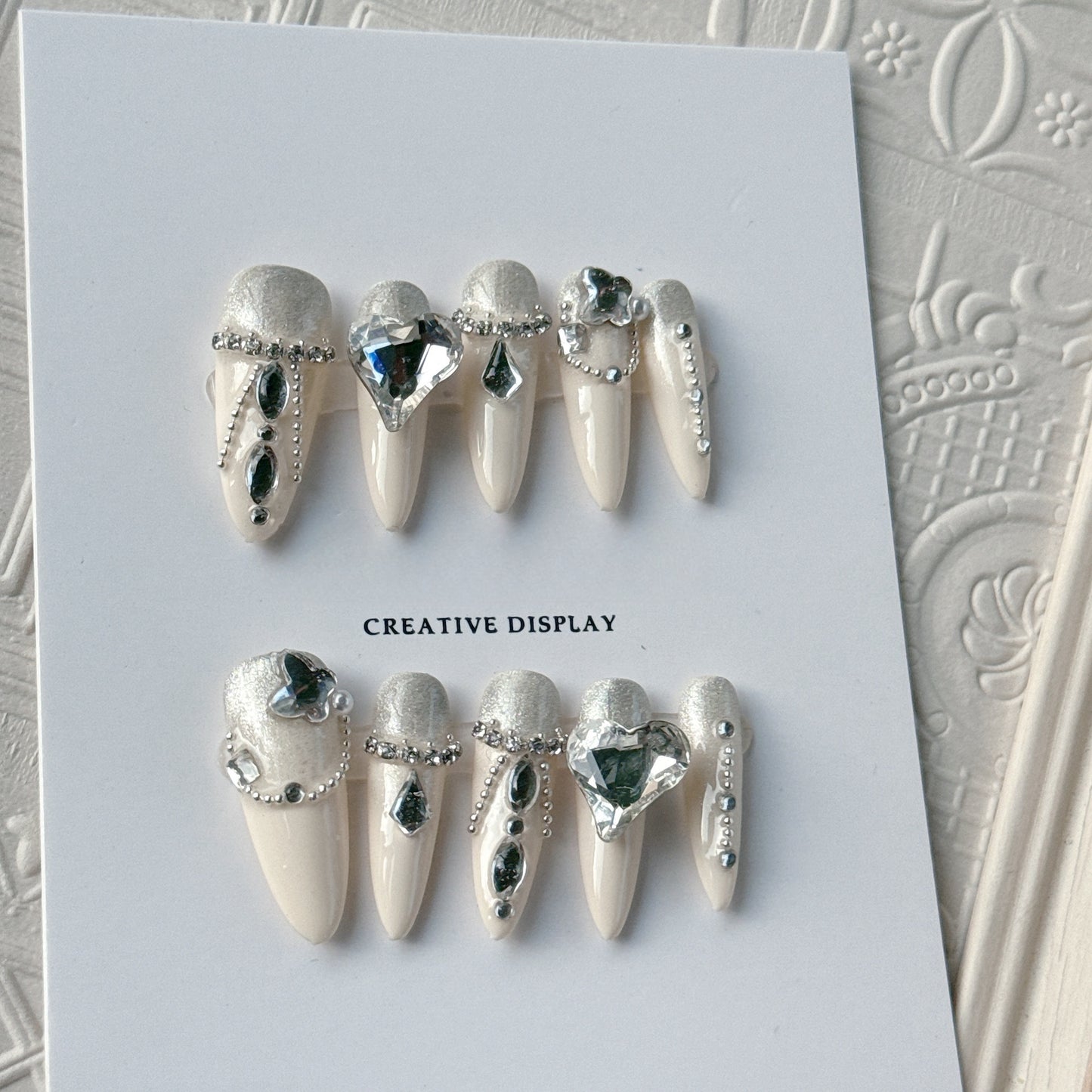 Snow White-like Nails|Ice Heart Cat Eye Long Almond Handmade Nails| Removable Reusable Press On Nails|Free Tool Kit Set Included