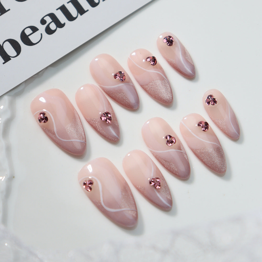Medium Almond Pink Gradient French Tip & White Lines with Glitter Handmade Press-On Nails | Removable and Reusable | Free Tool Kit Included