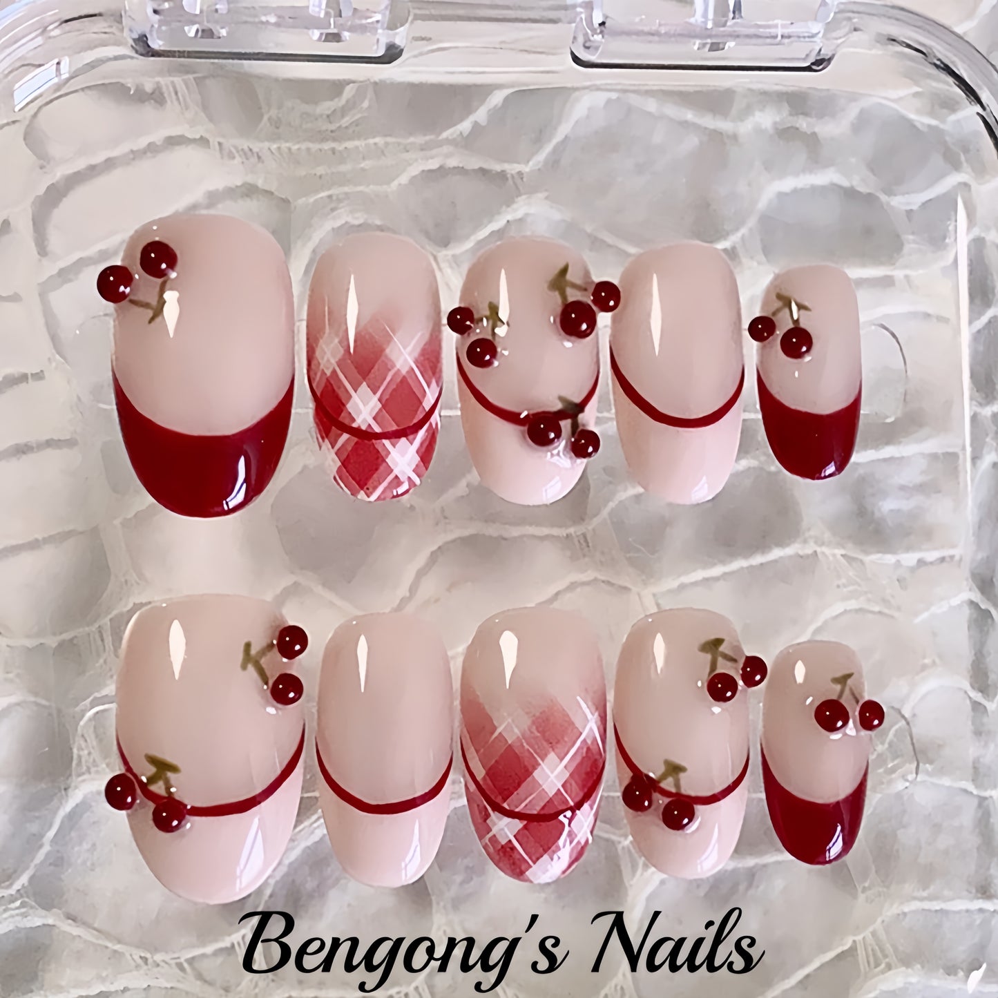 Cherry Drunk Kiss – Juicy Handmade Press-On Nails | Medium-Length Oval | Removable and Reusable | Free Tool Kit Included