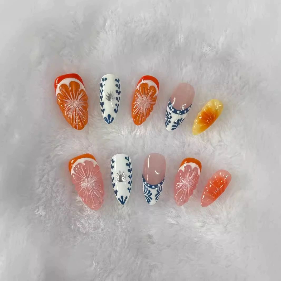 Medium Almond-Shaped Fruit Squishies & Hand-Painted Chinese Cloisonné-Inspired Handmade Press-On Nails| Removable and Reusable | Free Tool Kit Included