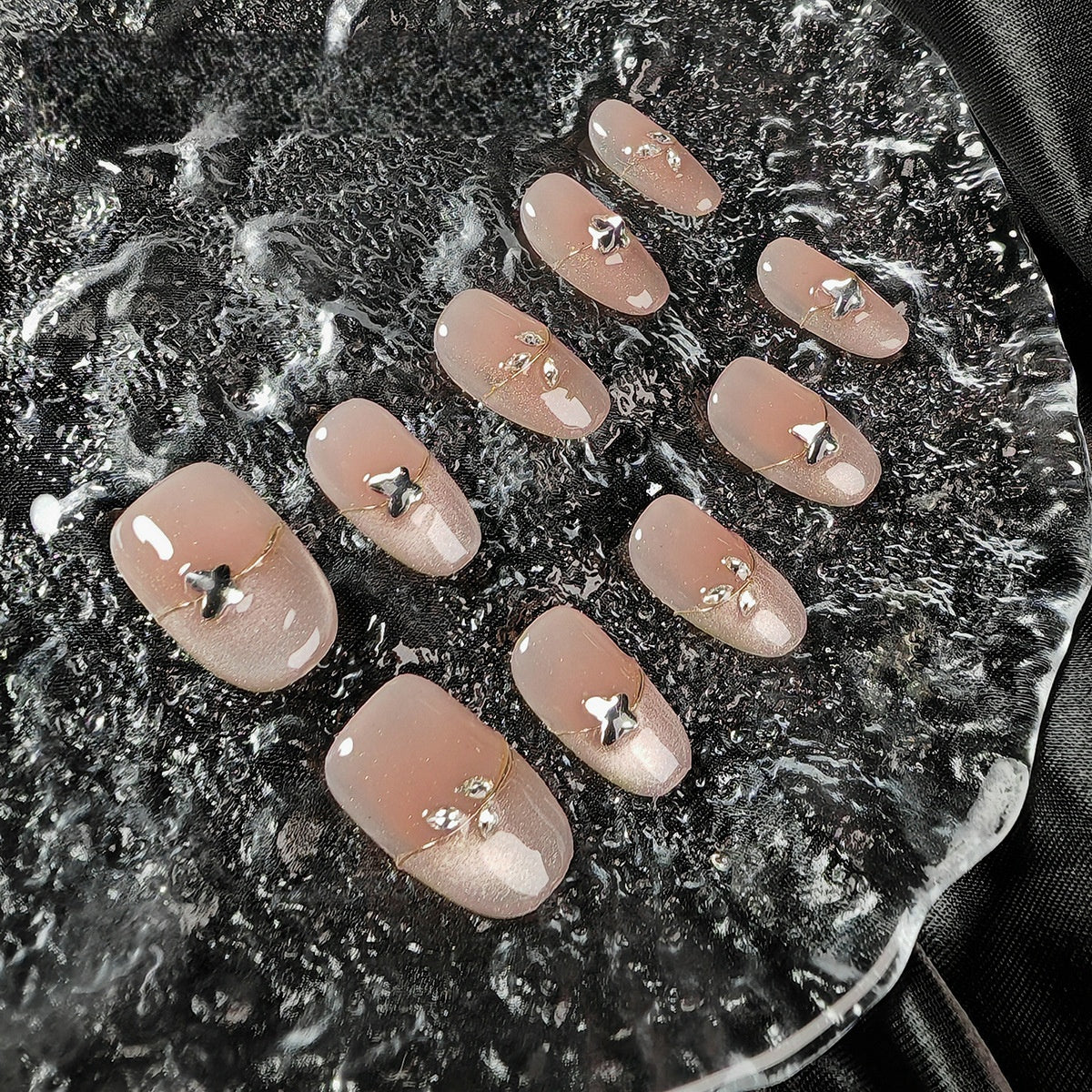 Medium Oval French Tip Pink Sparkling Cat Eye & Rhinestone Butterfly Handmade Press-On Nails | Removable & Reusable with Free Tool Kit