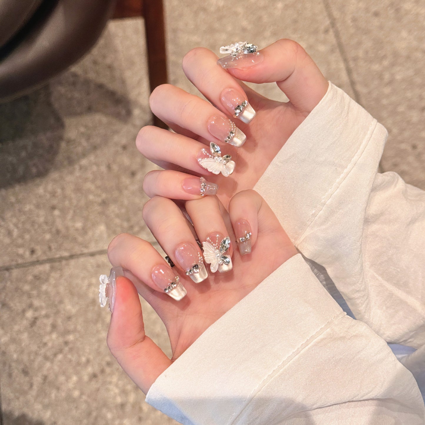 Medium Coffin Glass Bead Cat Eye French Tip & 3D Butterfly Handmade Press-On Nails | Removable & Reusable | Free Tool Kit Included