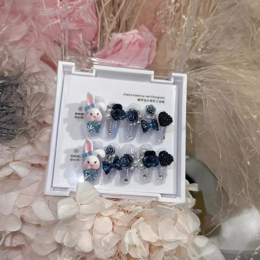 Cute Lolita Press On Nails|Baby Blue Sweetheart-shaped Bunny Face Nails|Black Rose and Bows|Free Tool Kit Set Included