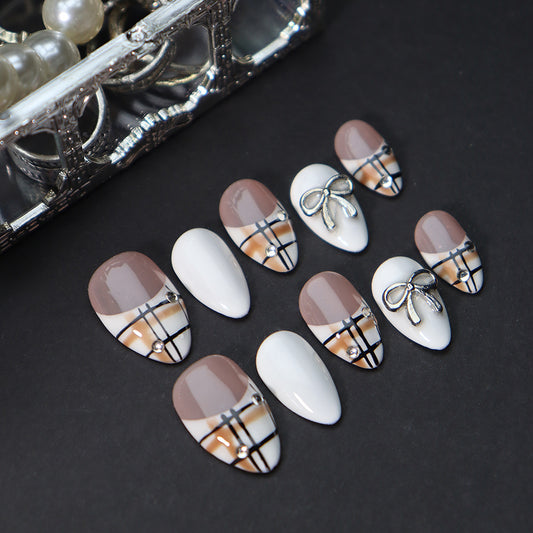 Short Almond French Tip Plaid & Bow Handmade Press-On Nails | Removable and Reusable | Free Tool Kit Included