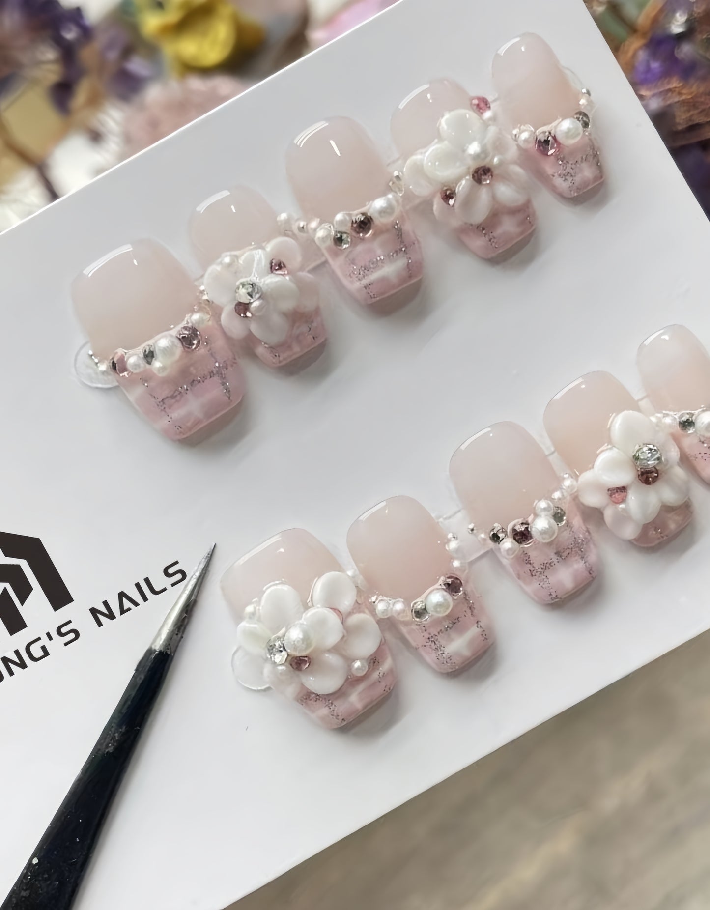 White Blossom Sculpture – 3D Carved Floral Square Tips | Handmade Press-On Nails| Removable and Reusable | Free Tool Kit Included