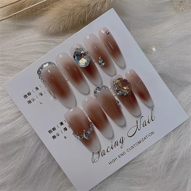 Shine Like A Diamond Press On Nails|Light Luxury Nude Transparent Nails|Gradient Light Brown Press On Nails|Free Tool Kit Set Included