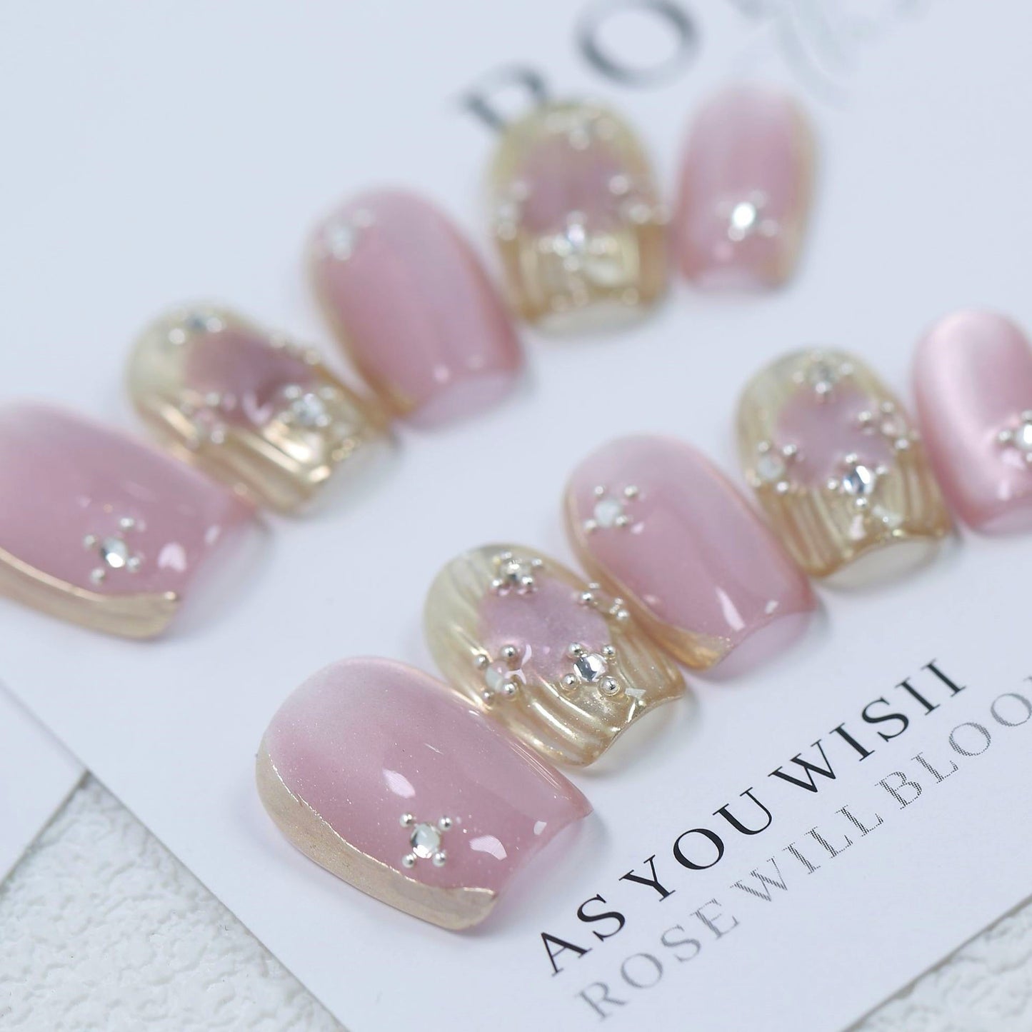 Super Short Square Pink Cat Eye & Buccellati Design Handmade Press-On Nails | Removable and Reusable | Free Tool Kit Included