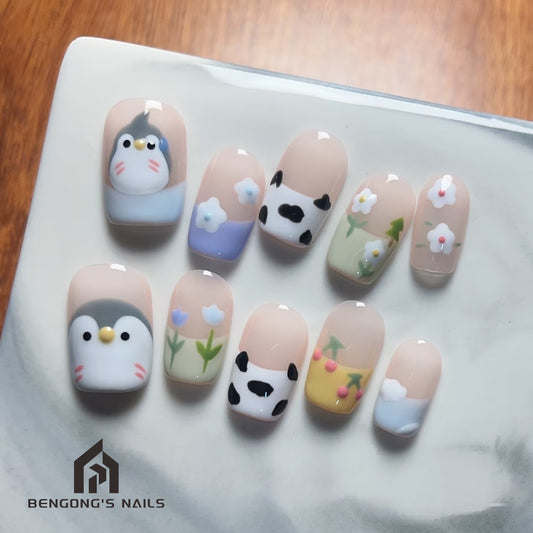 Hand-Painted Chubby Penguin  Handmade Press-On Nails | Short Square | Removable and Reusable | Free Tool Kit Included