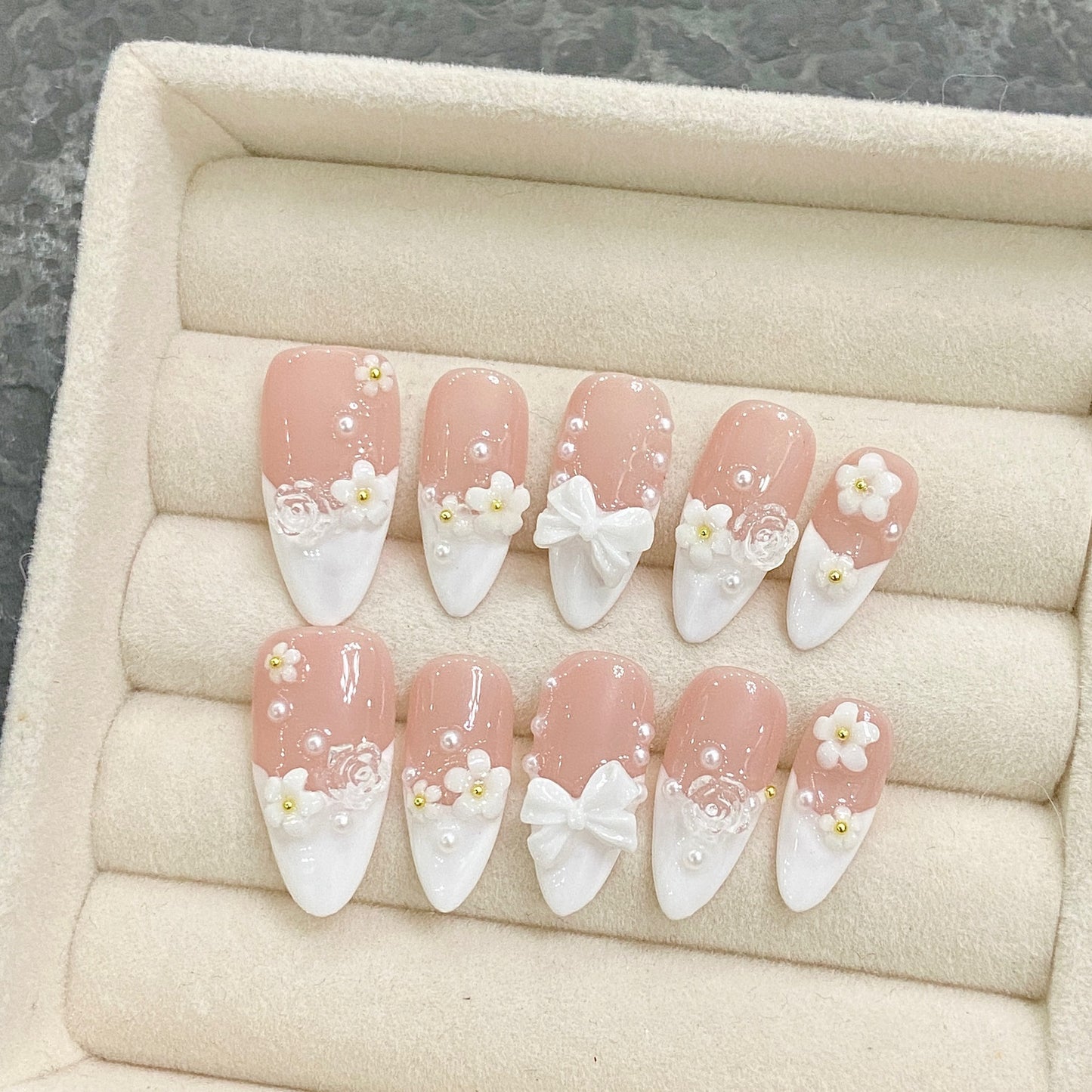 Medium Almond Nude and French Tip White Small Flower Handmade Press On Nails | Removable and Reusable | Free Tool Kit Included