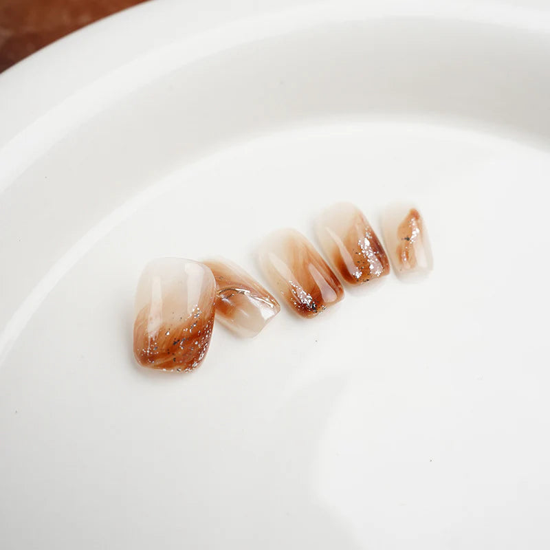 Short Square Caramel Pudding & Gradient Handmade Press-On Nails | Removable and Reusable | Free Tool Kit Included