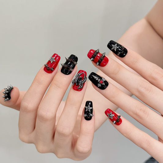 Blacklist Red | Medium Coffin | Handmade Press-On Nails | Removable and Reusable | Free Tool Kit Included
