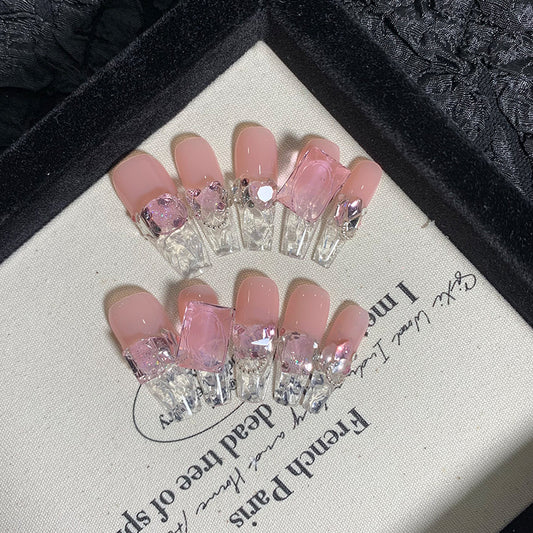 Ice-clear Pink Diamond Press On Nails | Handmade Nails with Wavy French Style|Free Tool Kit Set Included