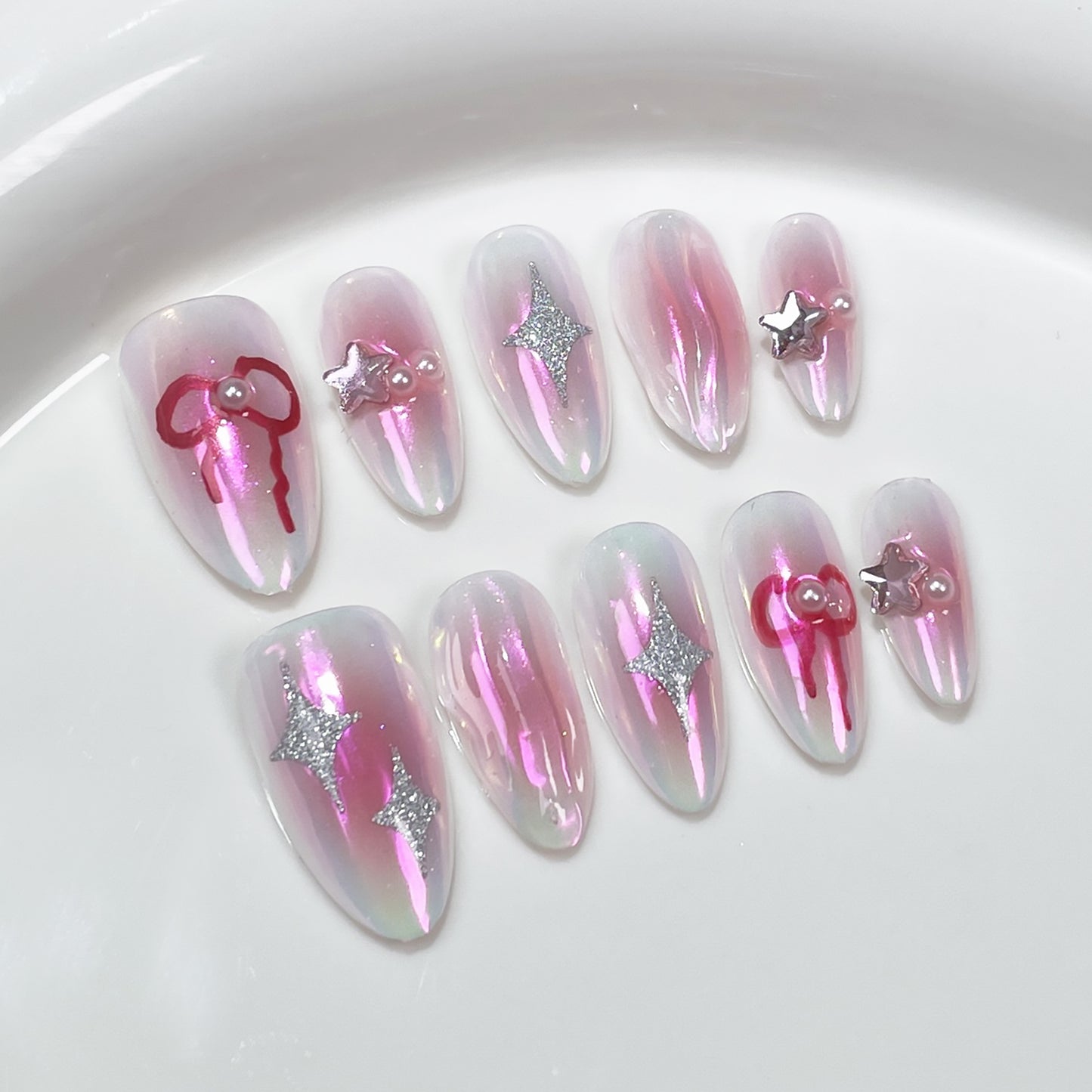 Short Almond White Aurora and Red Ombre Handcrafted Press-On Nails | Removable and Reusable | Free Tool Kit Included