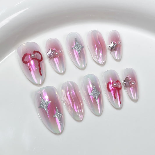 Short Almond White Aurora and Red Ombre Handcrafted Press-On Nails | Removable and Reusable | Free Tool Kit Included