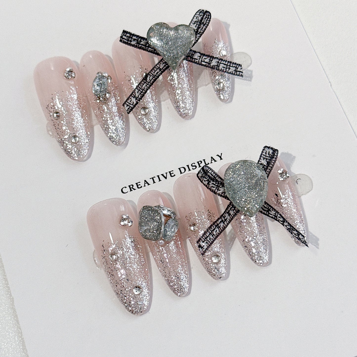 Sparkling BulingBuling Press On Nails|Galaxy Gradient Handmade Nails|Cute Bow Ribbons&Heart-shaped Diamonds|Free Tool Kit Set Included