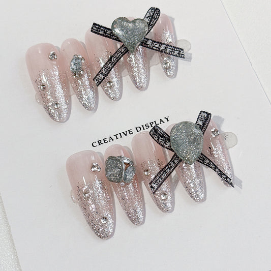 Sparkling BulingBuling Press On Nails|Galaxy Gradient Handmade Nails|Cute Bow Ribbons&Heart-shaped Diamonds|Free Tool Kit Set Included