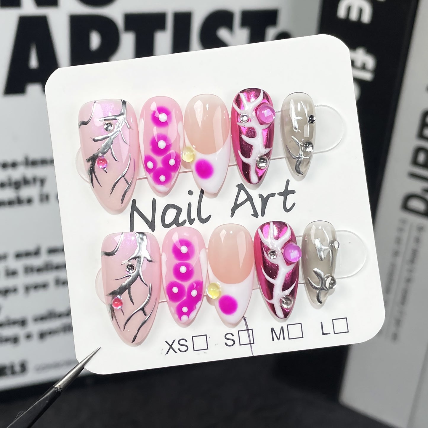 Medium Almond Pink with Hand-Painted Irregular Metallic Lines Handmade Press On Nails | Removable and Reusable | Free Tool Kit Included
