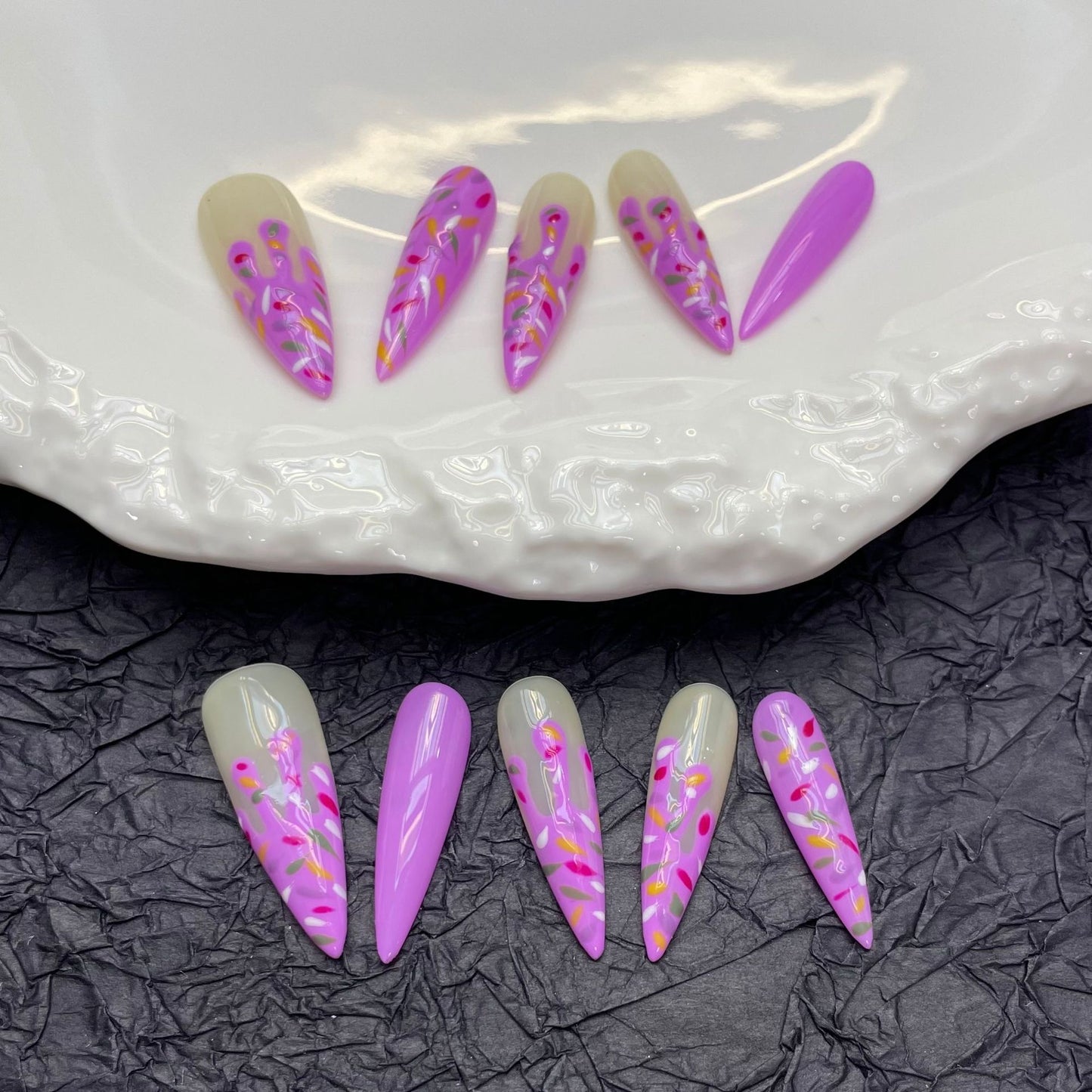 Pink Flowing Heart Ice Cream Crushed Sugar Handmade Nails|3D Micro-carving Personalized Hand-painted Press On Nails|Free Tool Kit Set Included