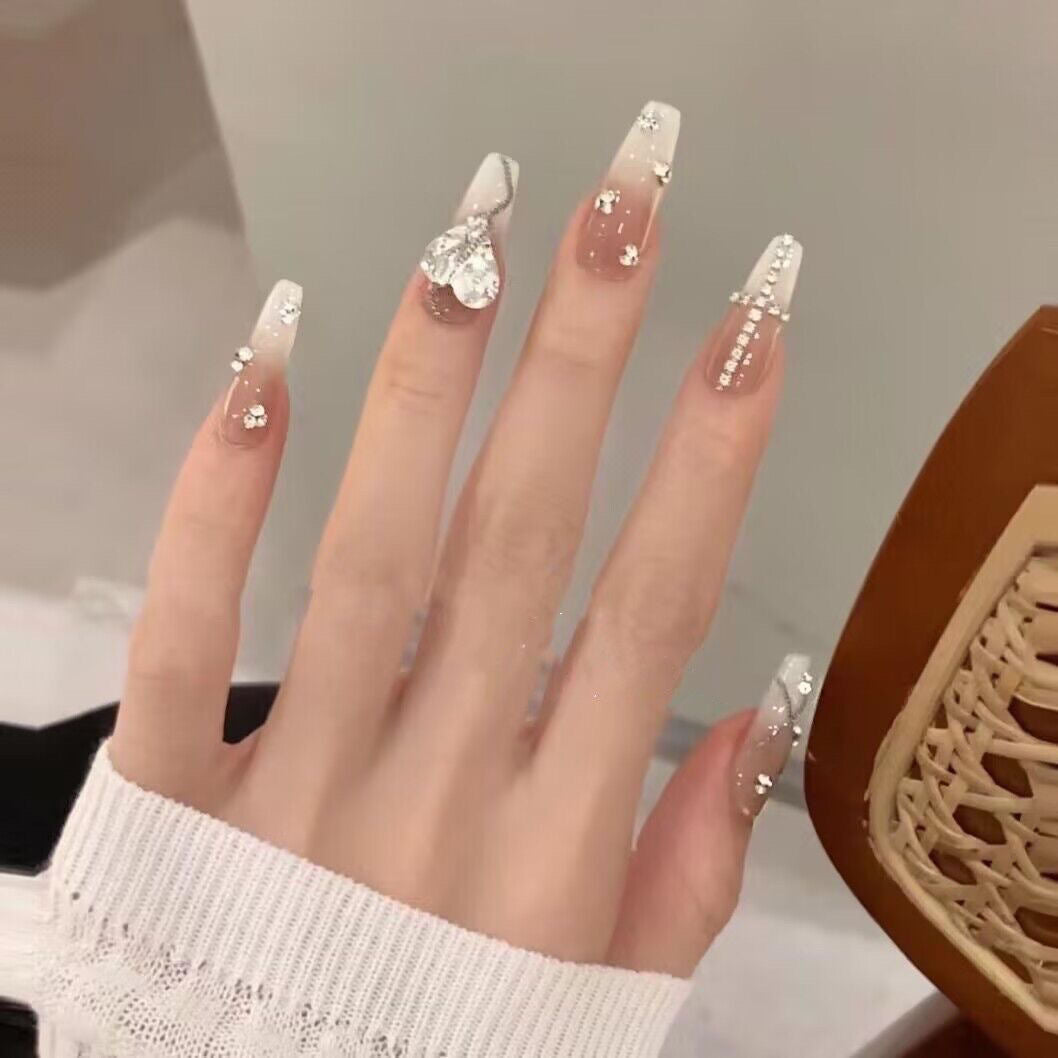 White French & Gradient Press On Nails | Heart Chain & Small Diamond Handmade Nails|Free Tool Kit Set Included