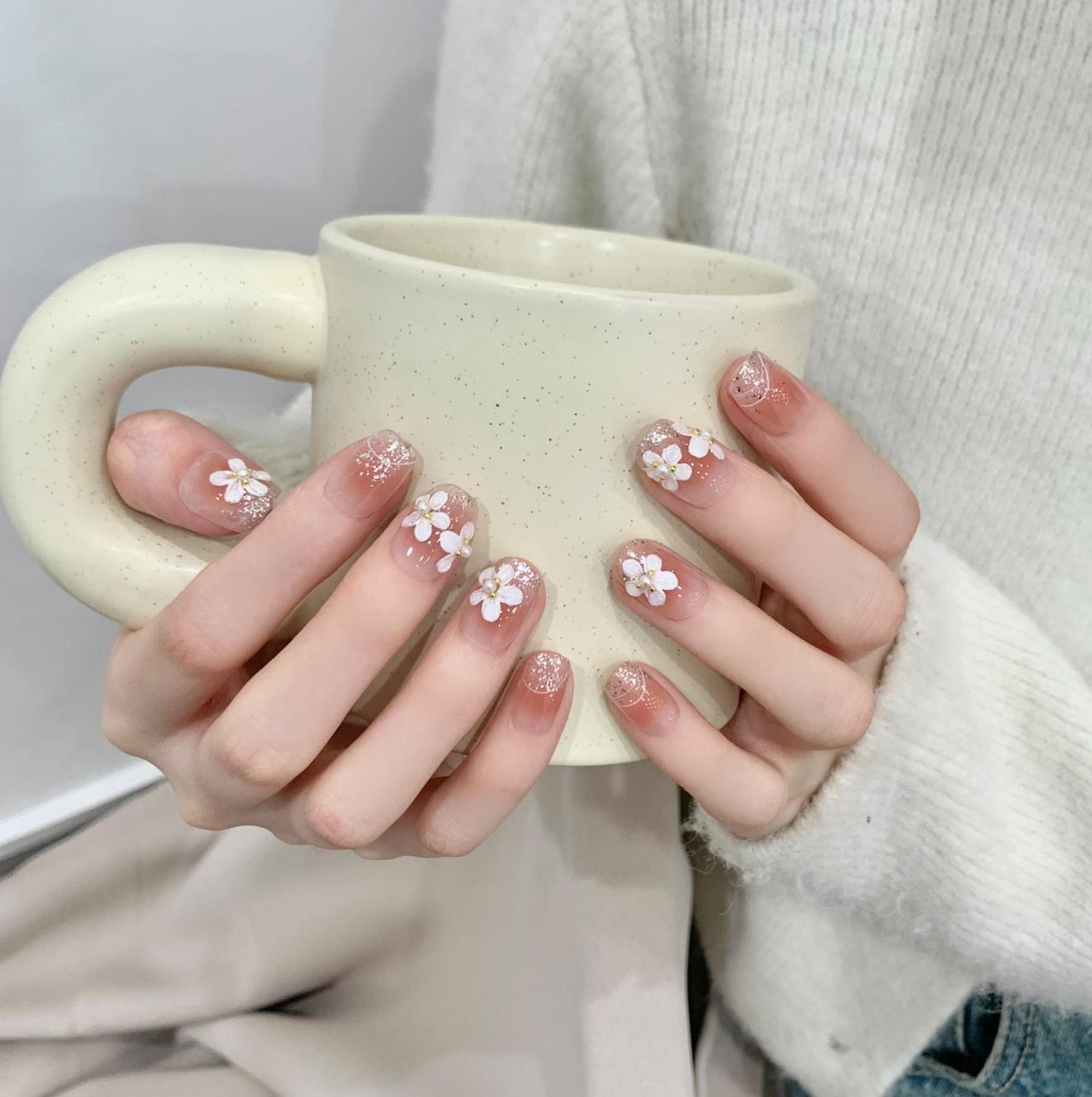 Ultra-Short Coffin Pink Ombre with Hand-Painted White Orchid Handmade Press On Nails | Removable and Reusable | Free Tool Kit Included