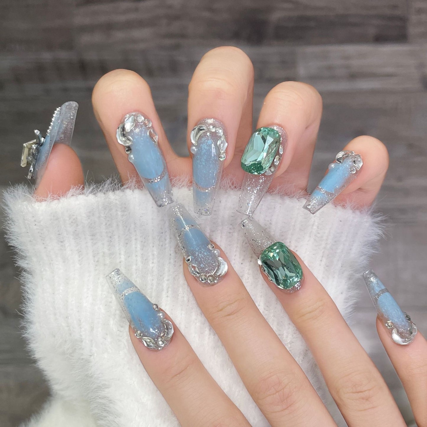 Azure Starry Sky Press On Nails |Shine Like A Diamond |Cool and Opulent French Style|Free Tool Kit Set Included