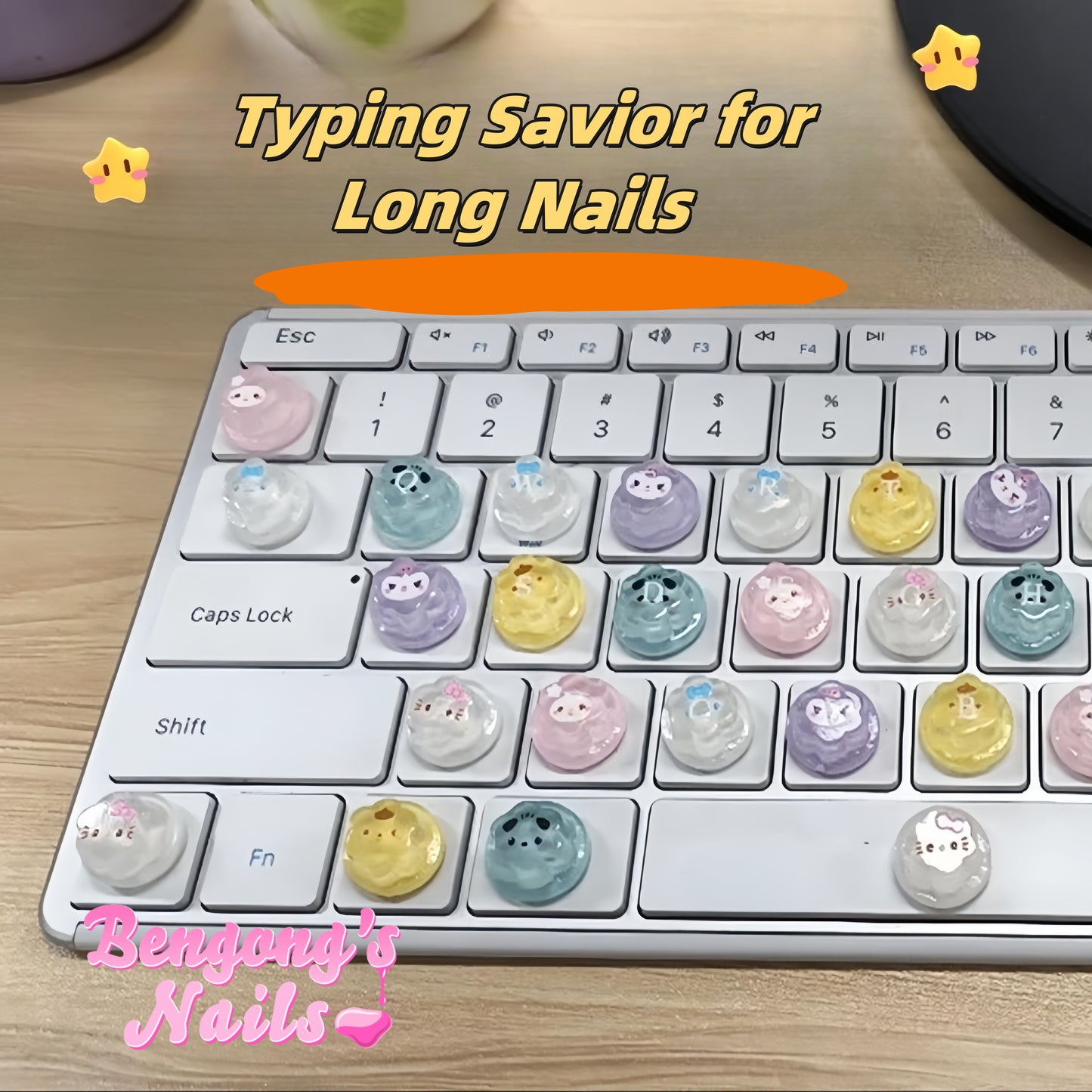 Kawaii Nail Typing Buddies - Fun Cartoon Keyboard Aids for Long Nails (10/20-Piece Set, Includes Back Stickers)