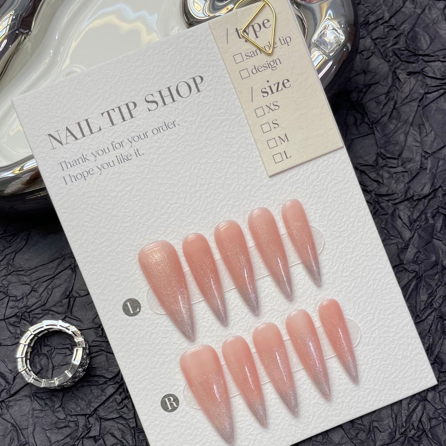 Peach Tea Cat Eye Press On Nails | Simple Handmade Nails with Gradient Blush | Long Tear-shaped Nails, Detachable and Reusable|Free Tool Kit Set Included