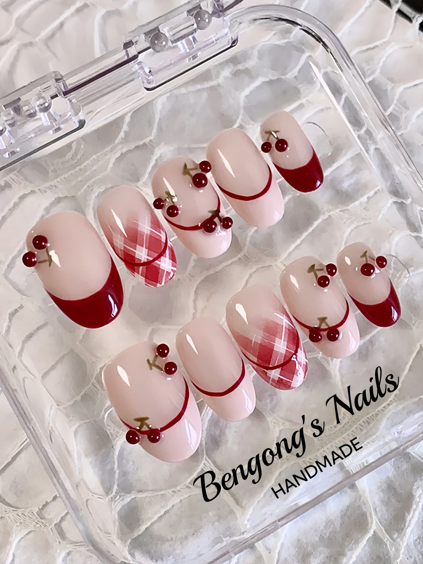 Cherry Drunk Kiss – Juicy Handmade Press-On Nails | Medium-Length Oval | Removable and Reusable | Free Tool Kit Included