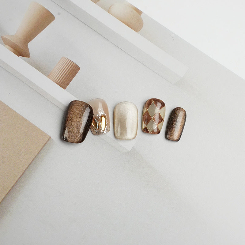 Handcrafted Short Square Cat Eye Nails – Coffee Checkerboard Design | Handmade Press-On Nails |Removable and Reusable | Free Tool Kit Included