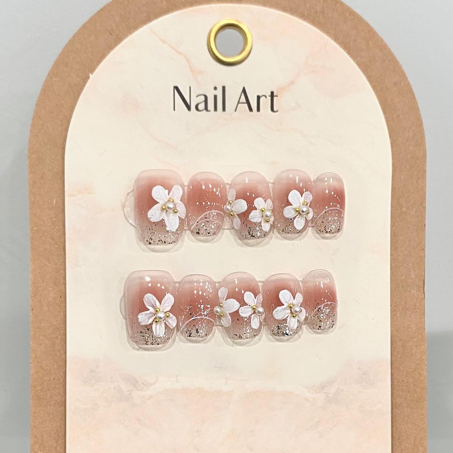 Ultra-Short Coffin Pink Ombre with Hand-Painted White Orchid Handmade Press On Nails | Removable and Reusable | Free Tool Kit Included