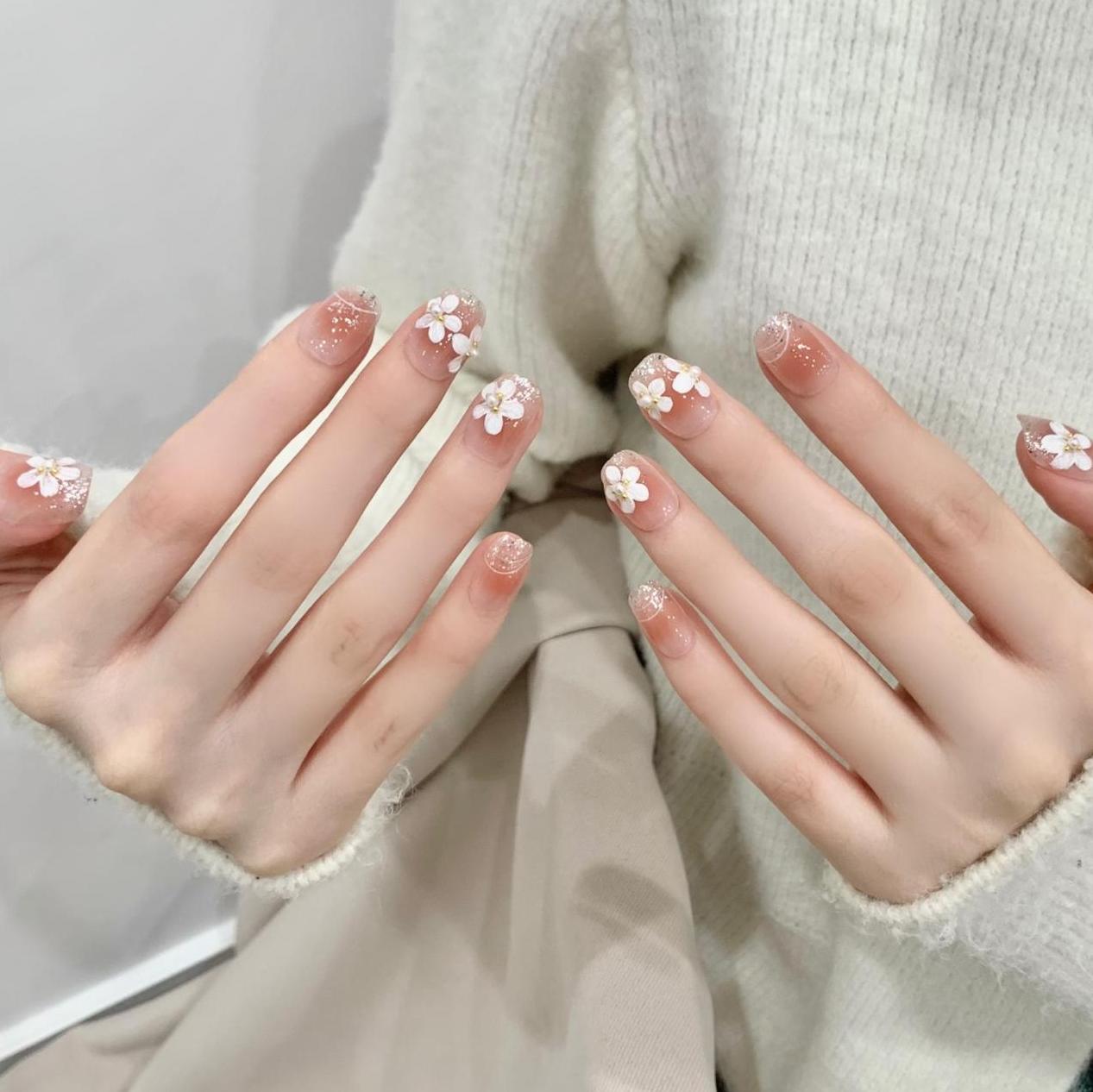 Ultra-Short Coffin Pink Ombre with Hand-Painted White Orchid Handmade Press On Nails | Removable and Reusable | Free Tool Kit Included