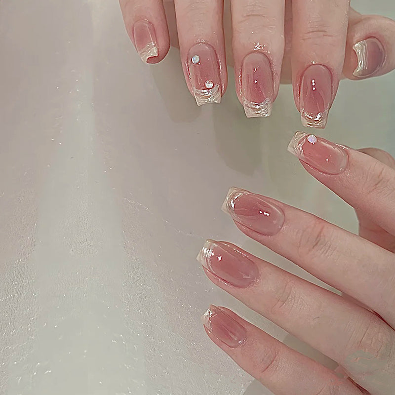 Short Trapezoidal Nude Blush French Style Handmade Press-On Nails | Removable and Reusable | Free Tool Kit Included