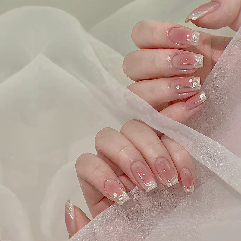 Short Trapezoidal Nude Blush French Style Handmade Press-On Nails | Removable and Reusable | Free Tool Kit Included