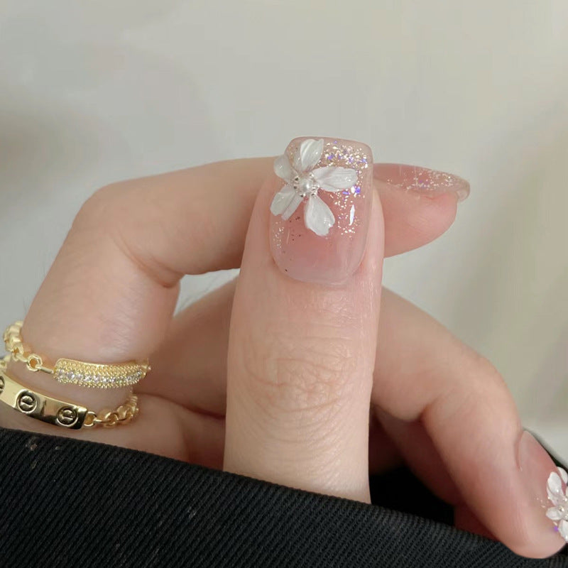 Ultra-Short Coffin Pink Ombre with Hand-Painted White Orchid Handmade Press On Nails | Removable and Reusable | Free Tool Kit Included