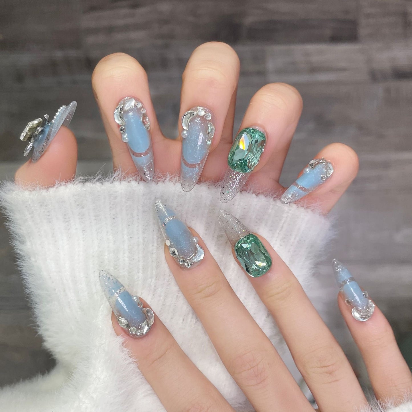 Azure Starry Sky Press On Nails |Shine Like A Diamond |Cool and Opulent French Style|Free Tool Kit Set Included