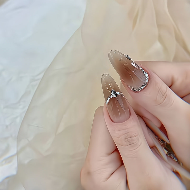 Shine Like A Diamond Press On Nails|Light Luxury Nude Transparent Nails|Gradient Light Brown Press On Nails|Free Tool Kit Set Included