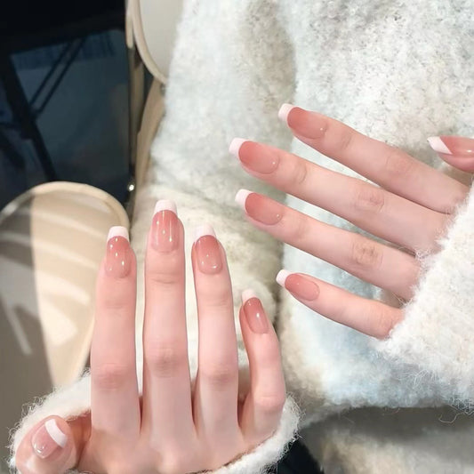 2 Shapes  Simple Nude French Tip Handmade Press On Nails | Removable and Reusable | Free Tool Kit Included