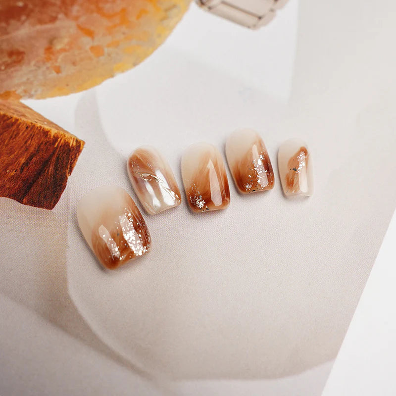 Short Square Caramel Pudding & Gradient Handmade Press-On Nails | Removable and Reusable | Free Tool Kit Included