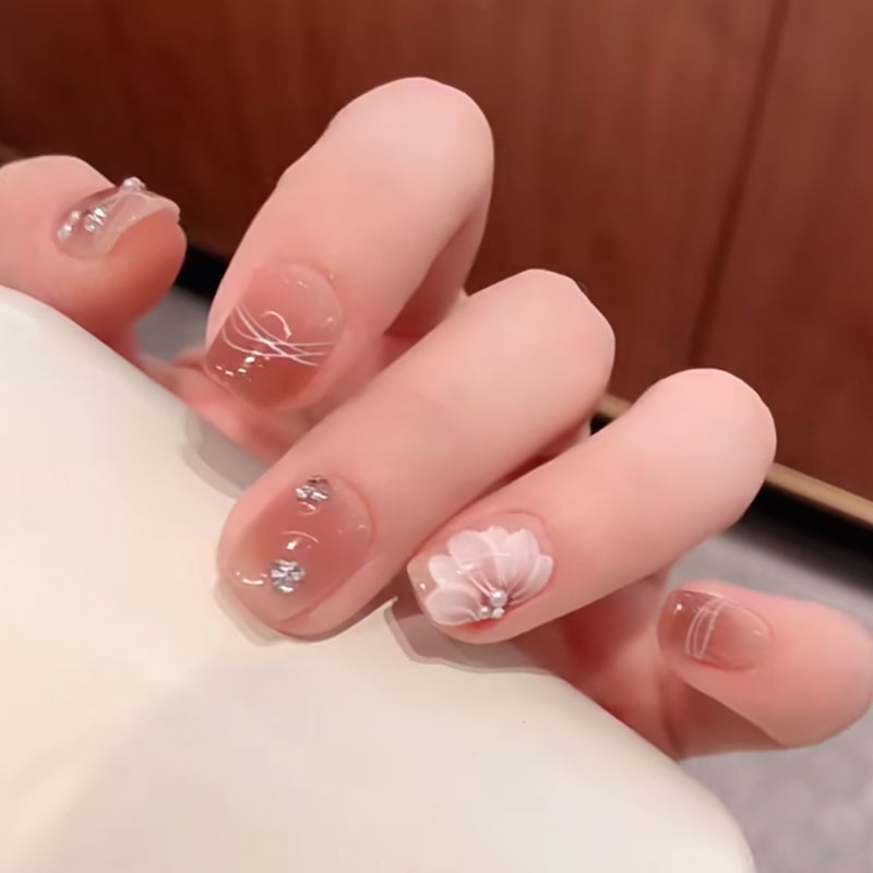 Short Coffin Brown Cat Eye with Hand-Painted White Orchid Handmade Wearable Nails | Removable and Reusable | Free Tool Kit Included