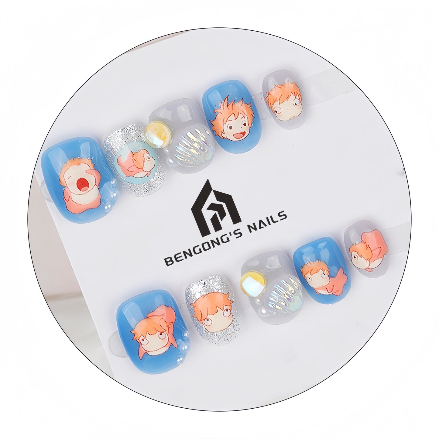 Ponyo Blue Wave Handmade Press-On Nails – Adorable Seashell Accents | Removable and Reusable | Free Tool Kit Included