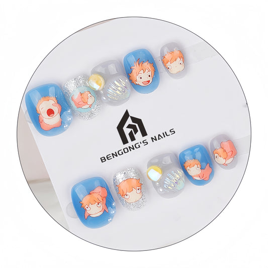 Ponyo Blue Wave  Handmade Press-On Nails  – Adorable Seashell Accents | Removable and Reusable | Free Tool Kit Included