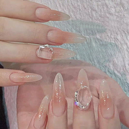 Nude Transparent Handmade Press On Nails | Large Sparkling Diamonds |Lady Style|Free Tool Kit Set Included