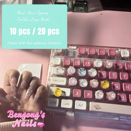 Kawaii Nail Typing Buddies - Fun Cartoon Keyboard Aids for Long Nails (10/20-Piece Set, Includes Back Stickers)