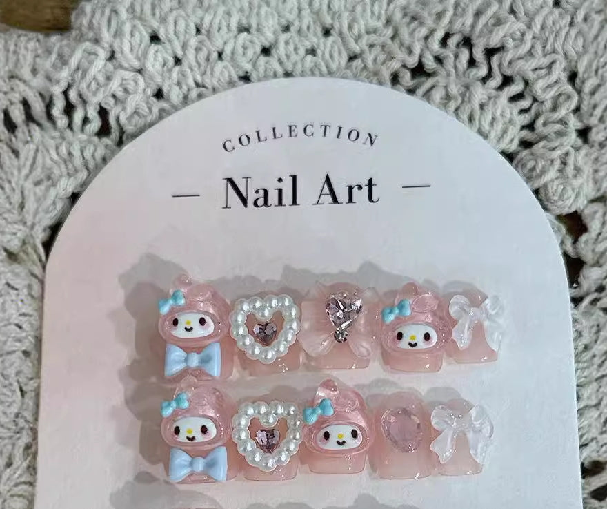 3 Shape Cartoon Dopamine Cute Girl Press On Nails | Kawaii Melody Handmade Nails | Four Types of Nail Shapes|Free Tool Kit Set Included