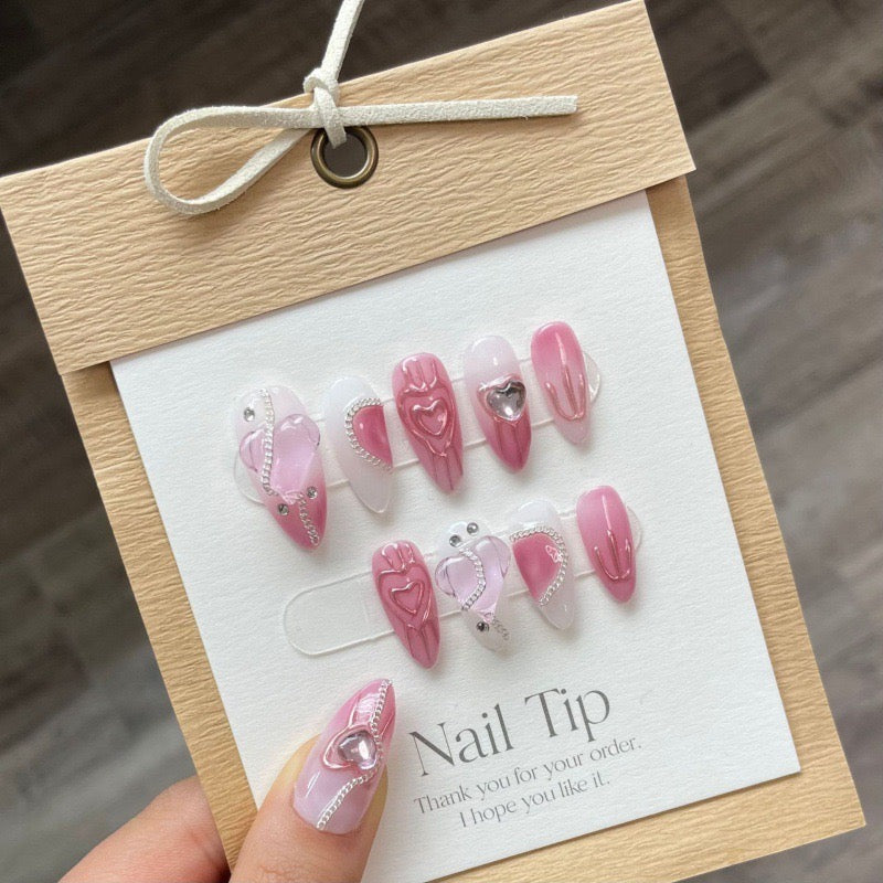 Glitter Press On Nails|Pink Melting Heart Press on Nails with Chain|kawaii nails relief oil painting nails|Free Tool Kit Set Included