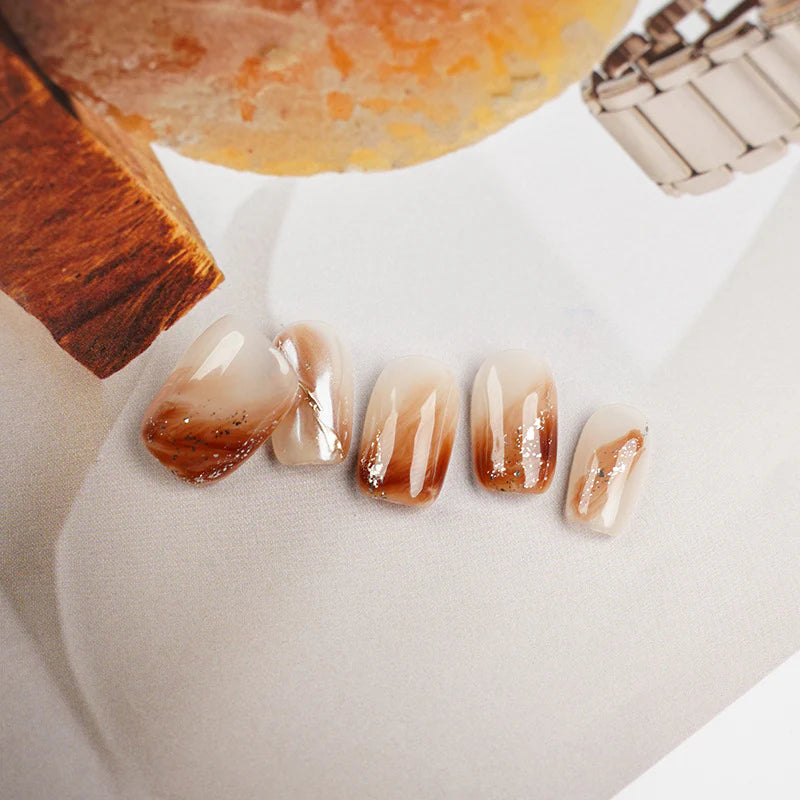 Short Square Caramel Pudding & Gradient Handmade Press-On Nails | Removable and Reusable | Free Tool Kit Included