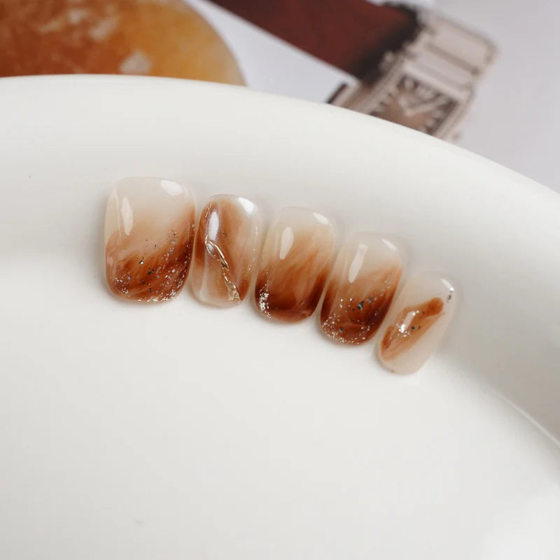 Short Square Caramel Pudding & Gradient Handmade Press-On Nails | Removable and Reusable | Free Tool Kit Included