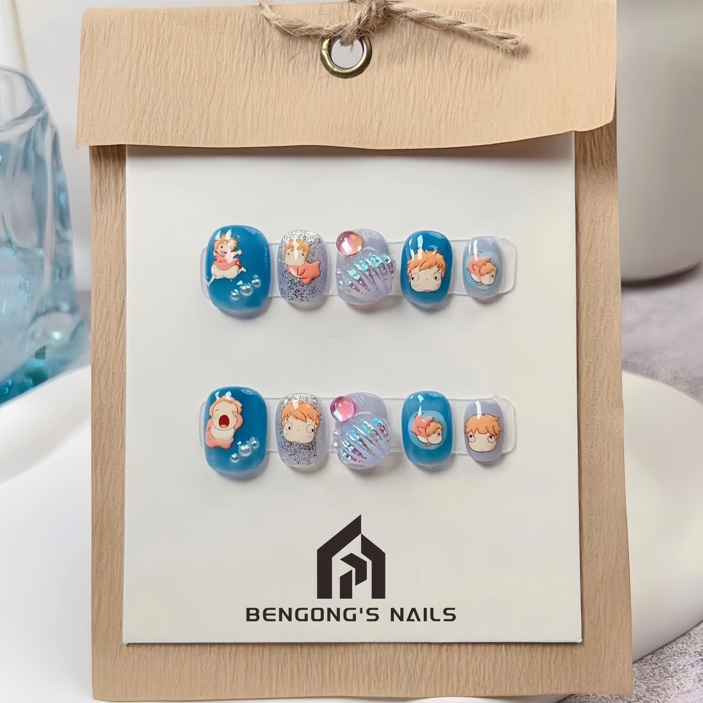 Ponyo Blue Wave Handmade Press-On Nails – Adorable Seashell Accents | Removable and Reusable | Free Tool Kit Included