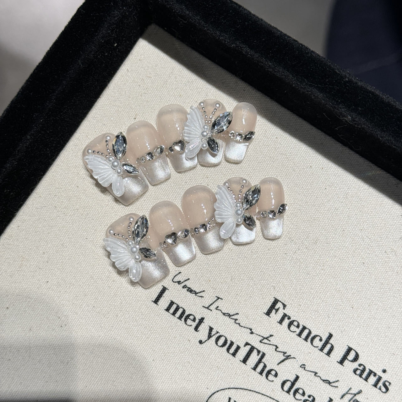 Medium Coffin Glass Bead Cat Eye French Tip & 3D Butterfly Handmade Press-On Nails | Removable & Reusable | Free Tool Kit Included