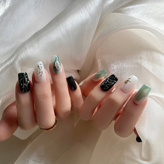 Deep Forest Ombré  Handmade Press-On Nails | Medium-length Square | Removable and Reusable | Free Tool Kit Included